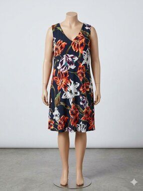 Anne Klein Womens Sleeveless Floral Print Dress Size 16 Black With Orange & Whit